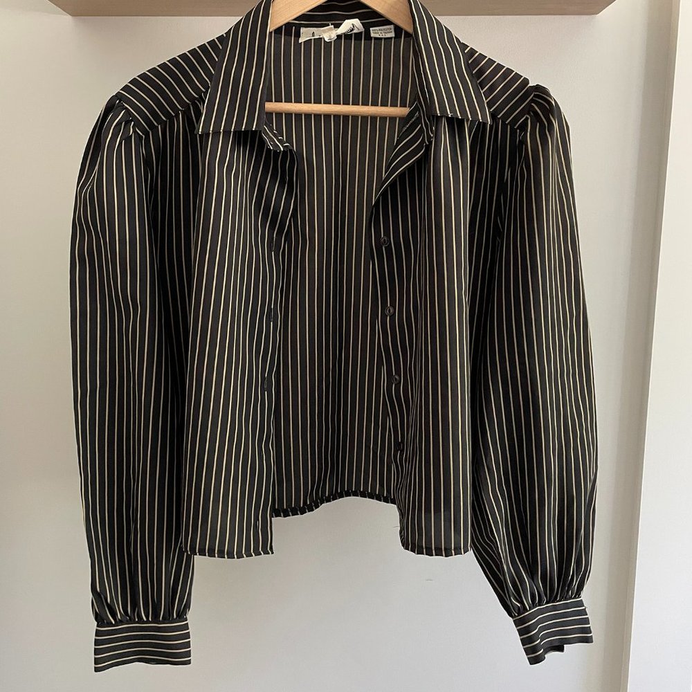 Vintage Crop Black/Tan Stripe Puff Shoulder Button Up Shirt Blouse